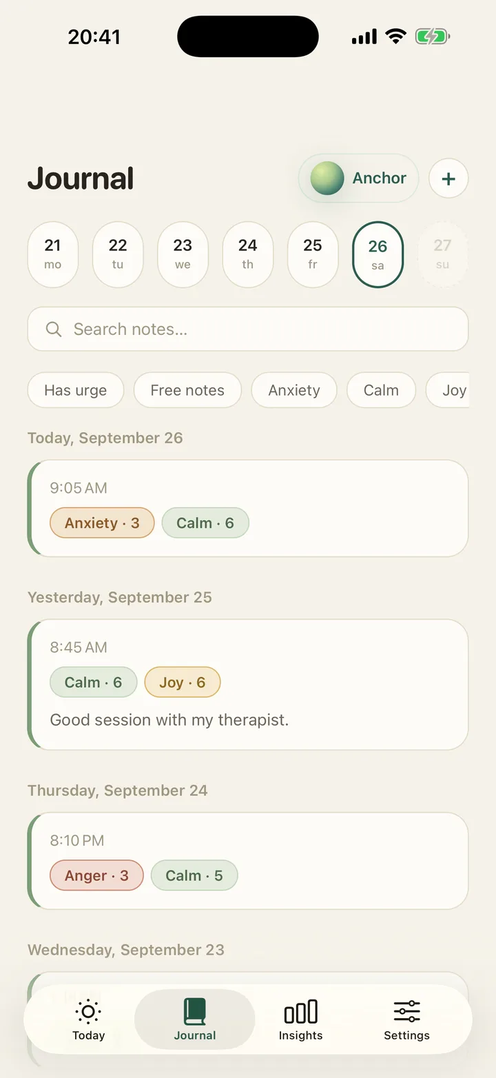 The Journal screen: a week of day-pills with today ringed, a search field, filters and entries grouped by day.
