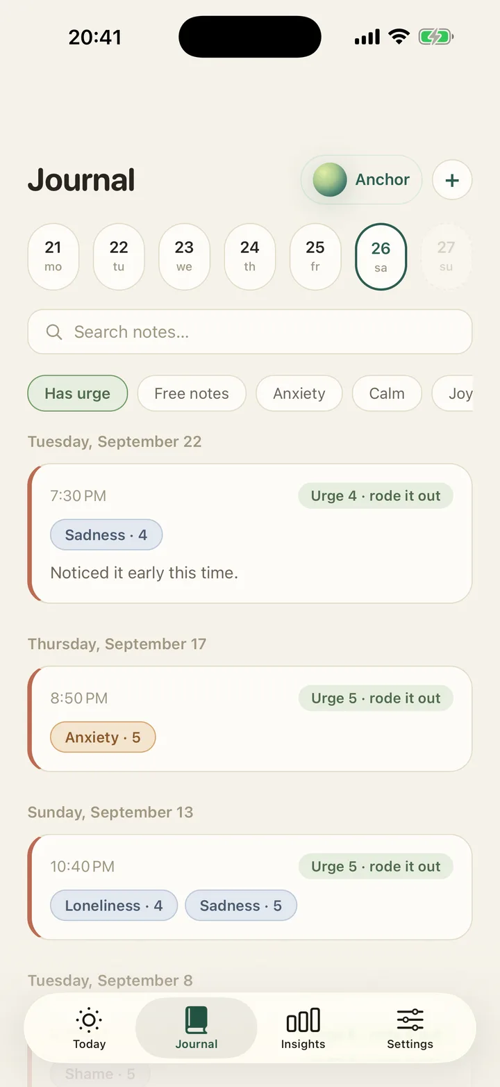 The Journal filtered to entries with an urge. Each shows a green badge: urge, rode it out.